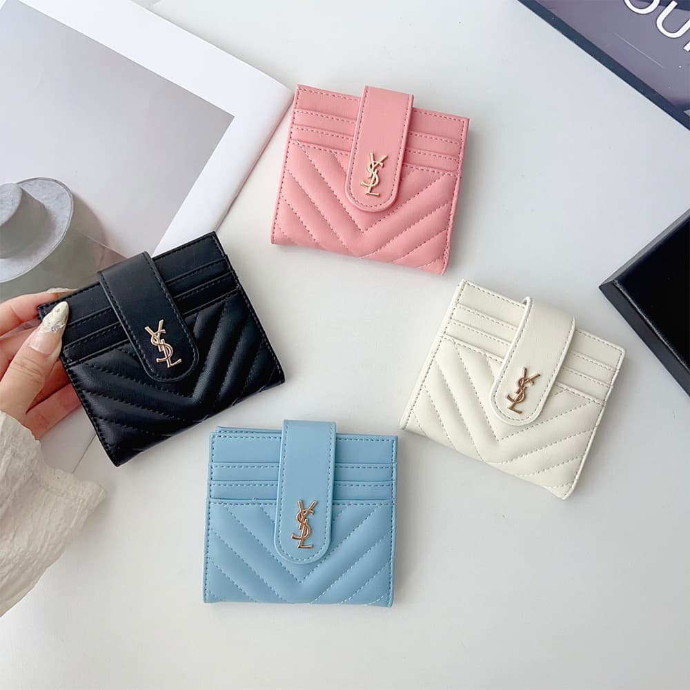 YSL V-Stitch Foldable Luxury Card Holder - Gold Logo & Quilted Leather | Designer Wallet