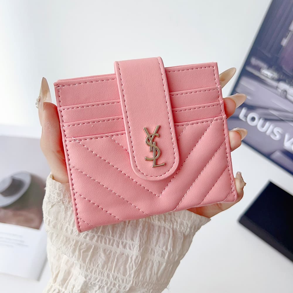 YSL V-Stitch Foldable Luxury Card Holder - Gold Logo & Quilted Leather | Designer Wallet
