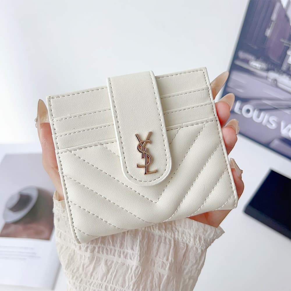 YSL V-Stitch Foldable Luxury Card Holder - Gold Logo & Quilted Leather | Designer Wallet