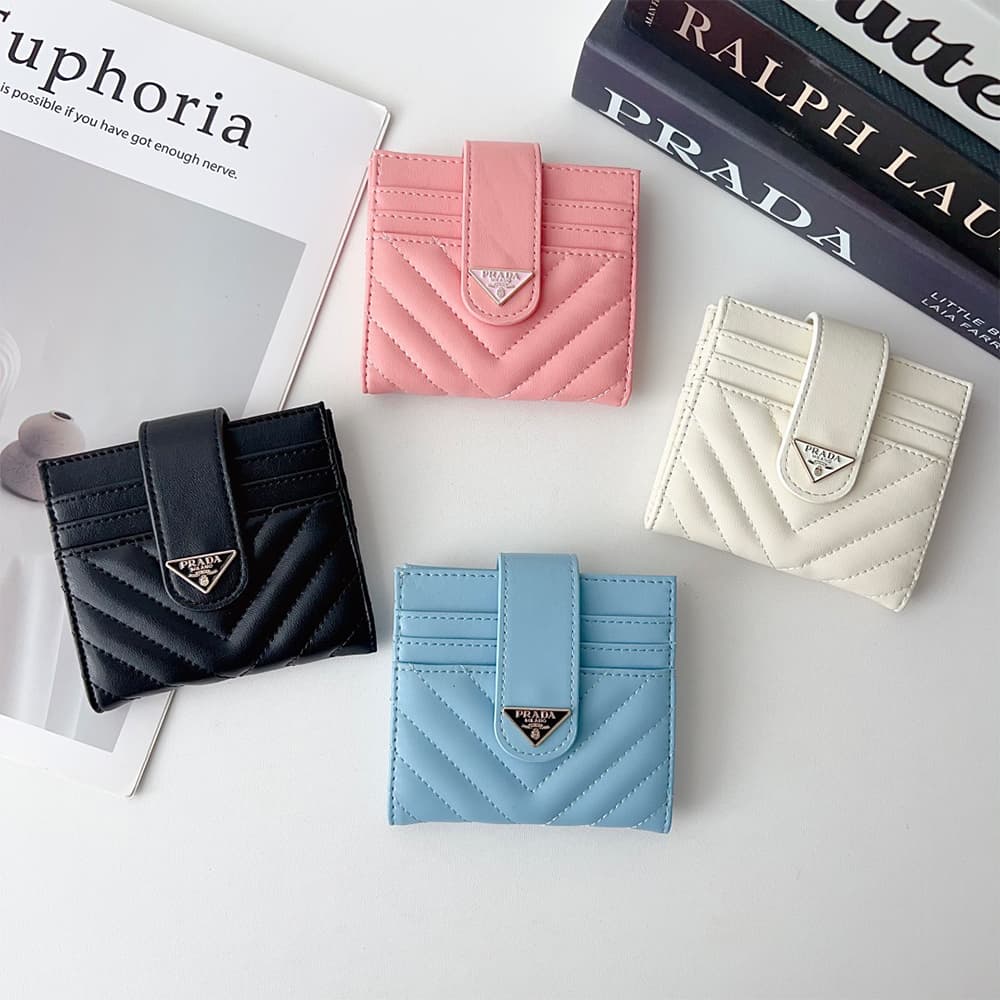 Prada Triangle Logo Foldable Luxury Card Holder - V-Stitch Leather | Designer Slim Wallet