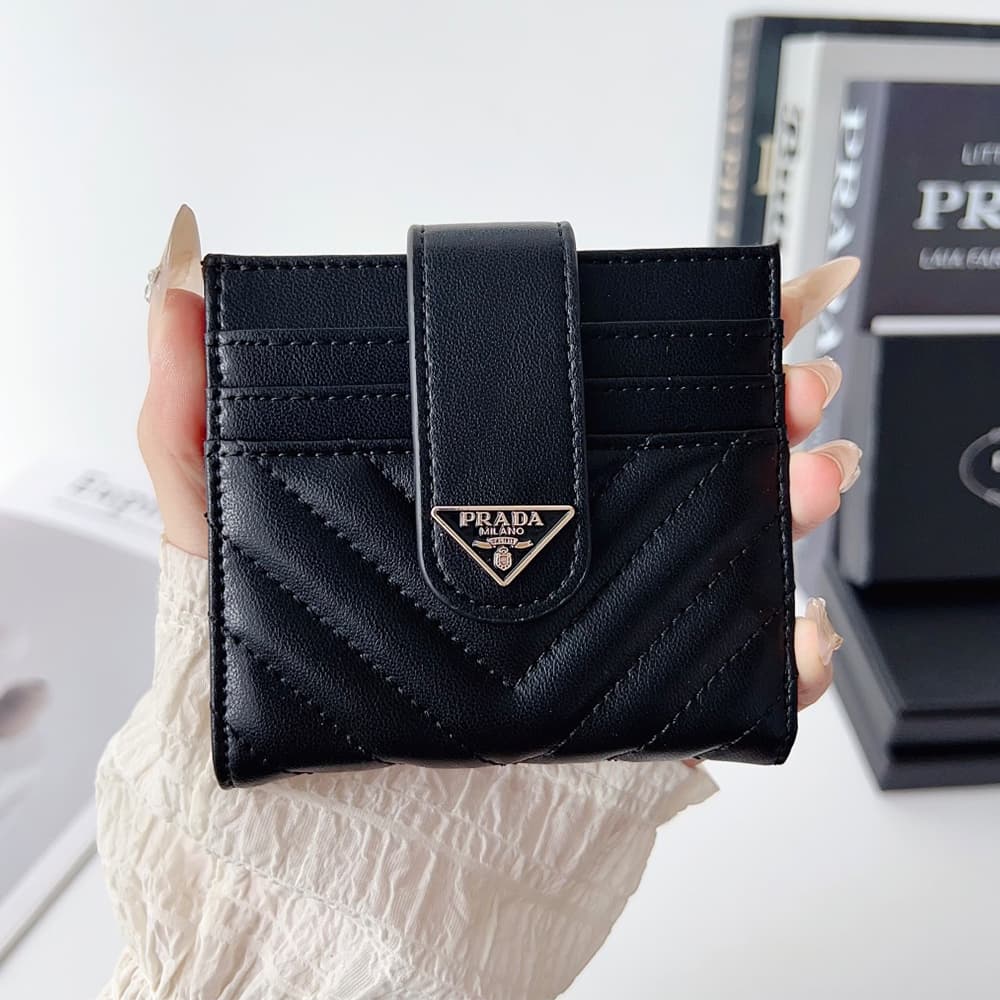 Prada Triangle Logo Foldable Luxury Card Holder - V-Stitch Leather | Designer Slim Wallet