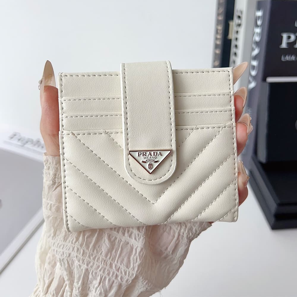 Prada Triangle Logo Foldable Luxury Card Holder - V-Stitch Leather | Designer Slim Wallet