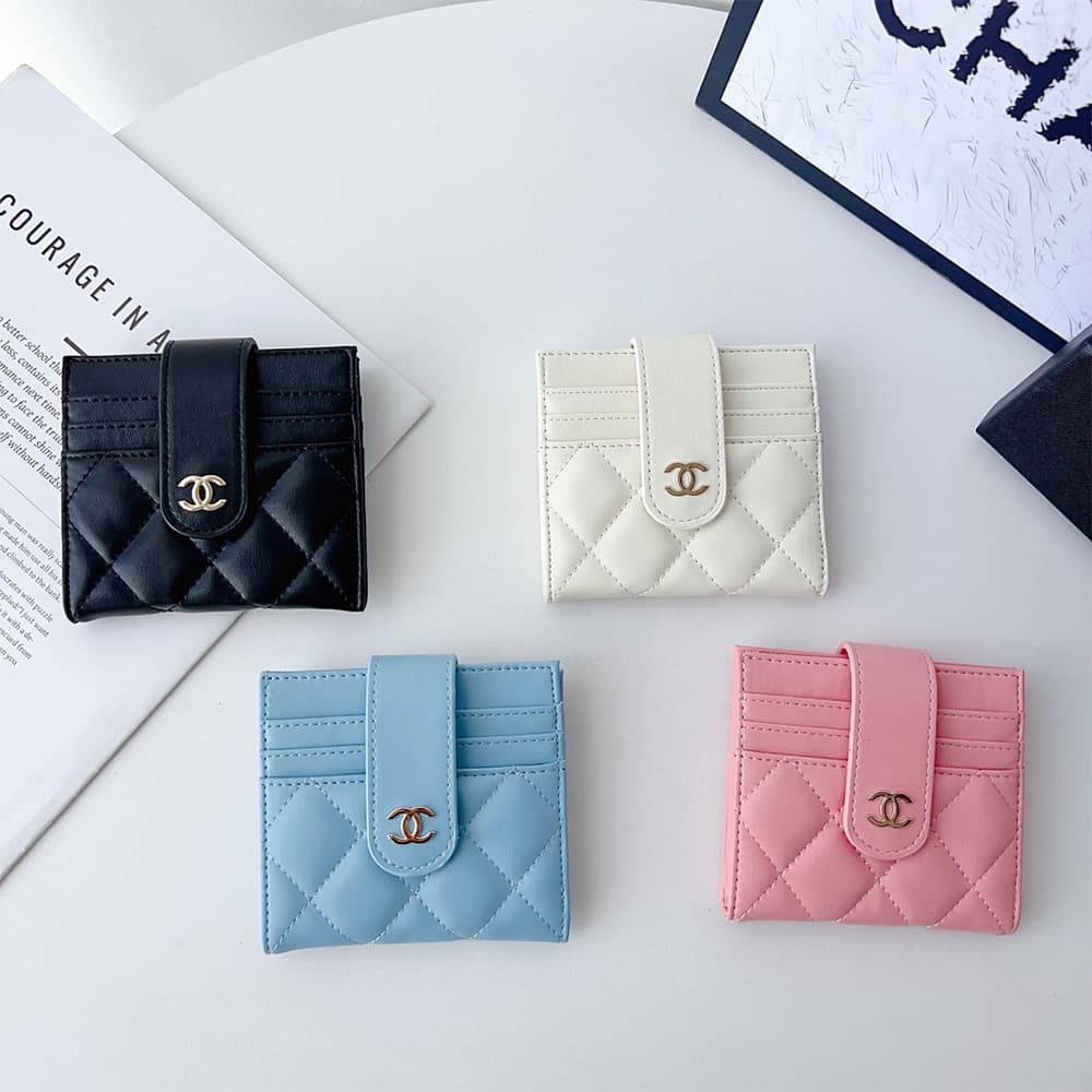 CHANEL Diamond Quilted Leather Foldable Luxury Card Holder - Designer Wallet with Gold Metal Logo