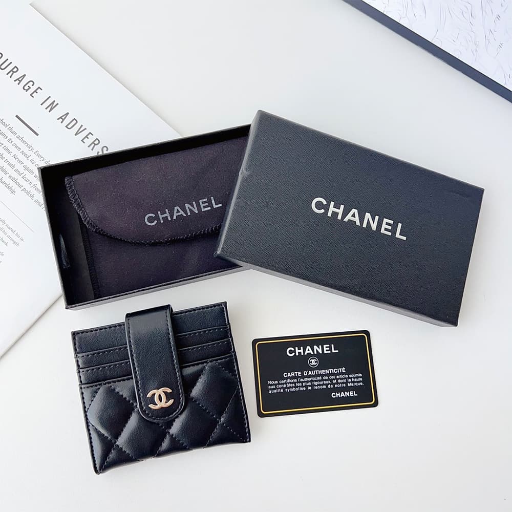 CHANEL Diamond Quilted Leather Foldable Luxury Card Holder - Designer Wallet with Gold Metal Logo