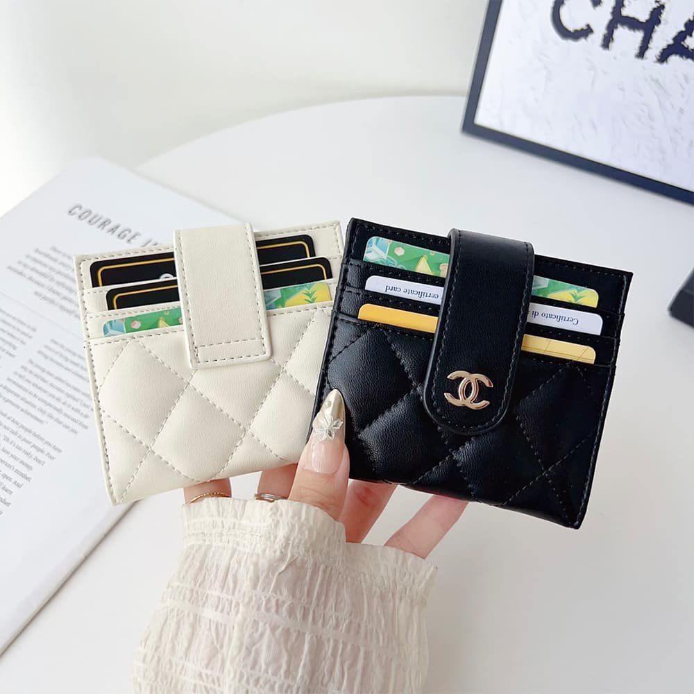 CHANEL Diamond Quilted Leather Foldable Luxury Card Holder - Designer Wallet with Gold Metal Logo