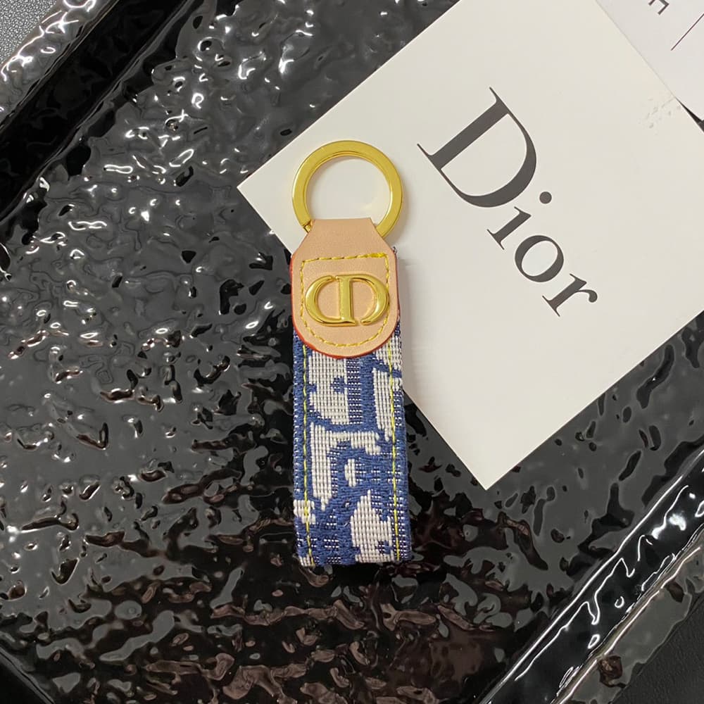 Dior Luxury Keychain - Oblique Pattern & Gold CD Logo in Premium Leather/Jacquard
