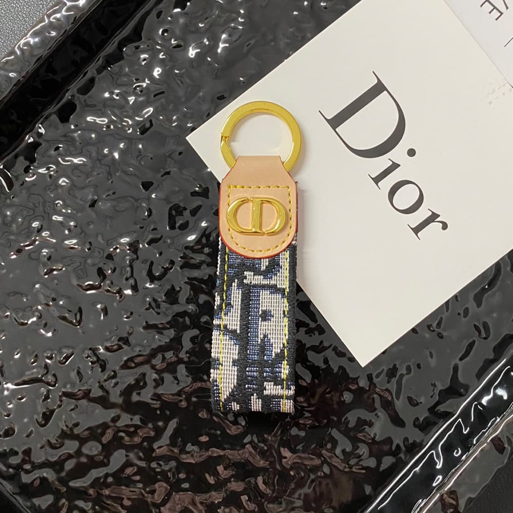 Dior Luxury Keychain - Oblique Pattern & Gold CD Logo in Premium Leather/Jacquard