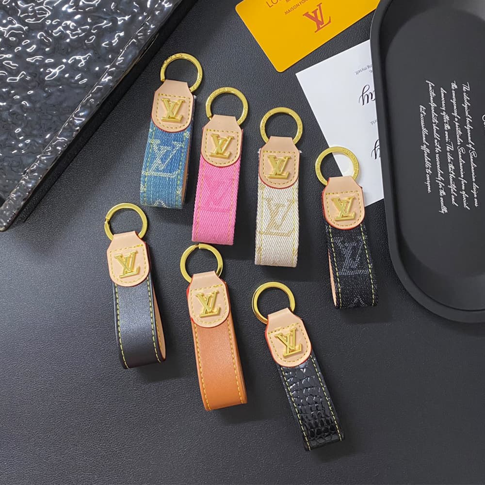 Louis Vuitton Luxury Keychain - Monogram Pattern & Gold LV Logo in Premium Denim/Leather