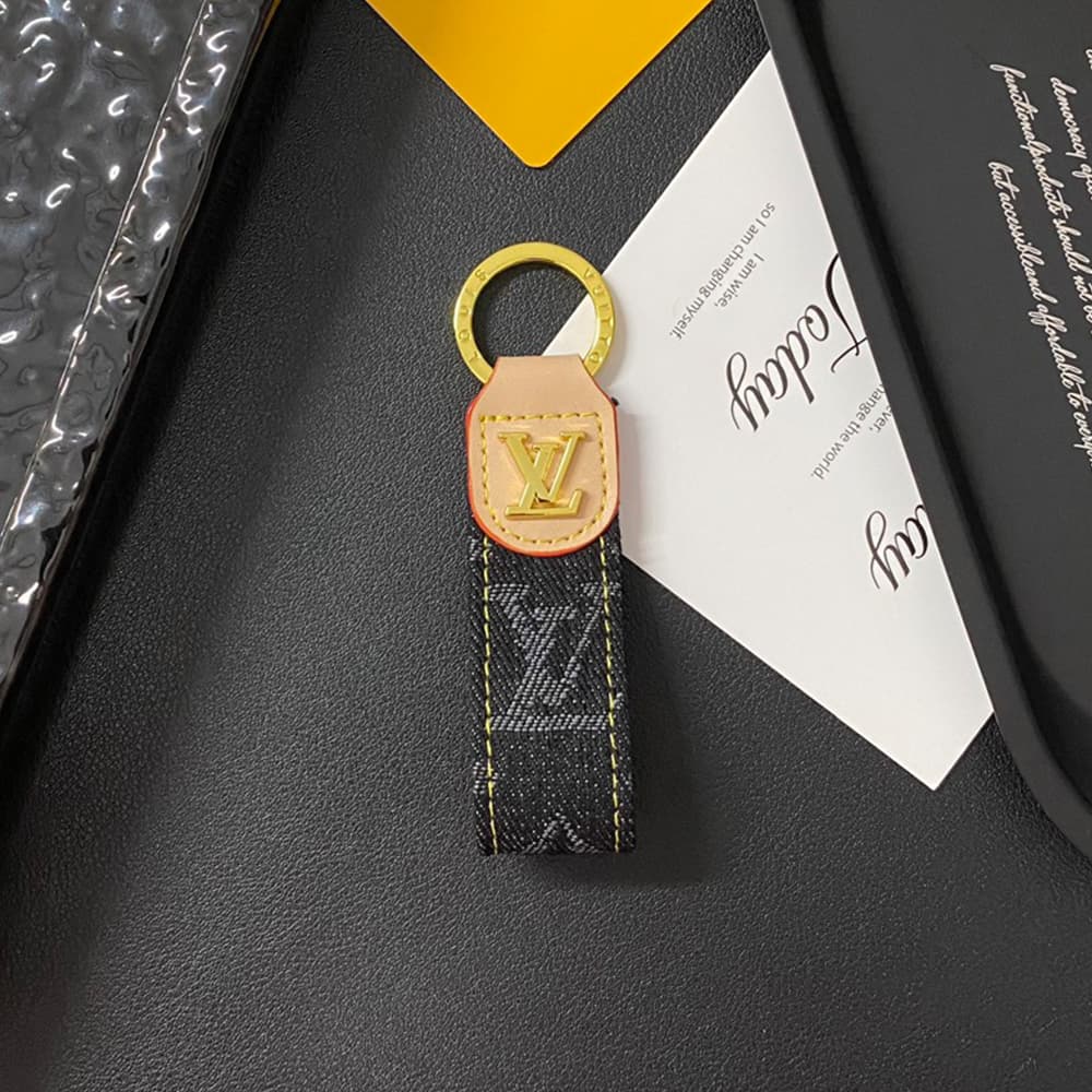 Louis Vuitton Luxury Keychain - Monogram Pattern & Gold LV Logo in Premium Denim/Leather