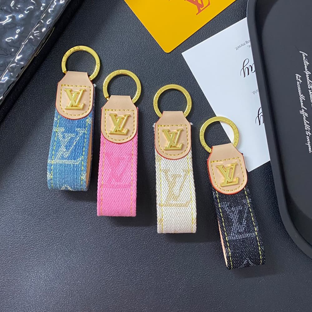 Louis Vuitton Luxury Keychain - Monogram Pattern & Gold LV Logo in Premium Denim/Leather