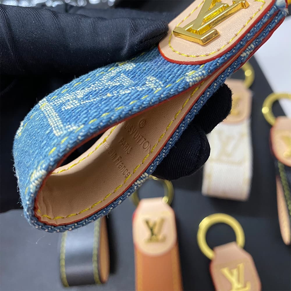 Louis Vuitton Luxury Keychain - Monogram Pattern & Gold LV Logo in Premium Denim/Leather