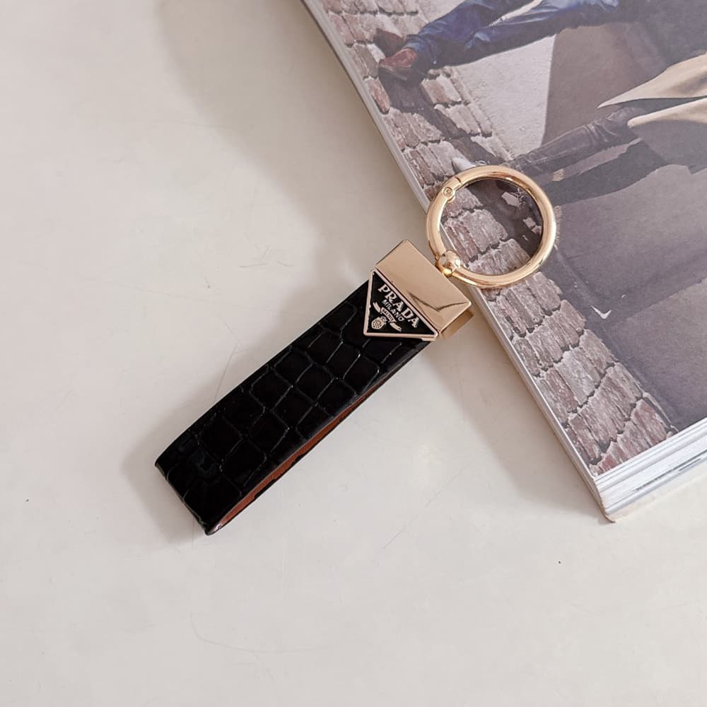 Prada Crocodile Embossing Leather Luxury Keychain - Signature Triangle Logo with Gold-Tone Hardware