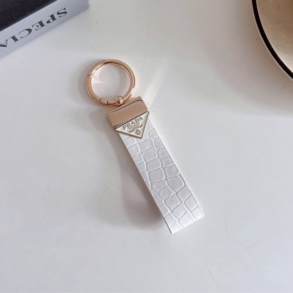 Prada Crocodile Embossing Leather Luxury Keychain - Signature Triangle Logo with Gold-Tone Hardware