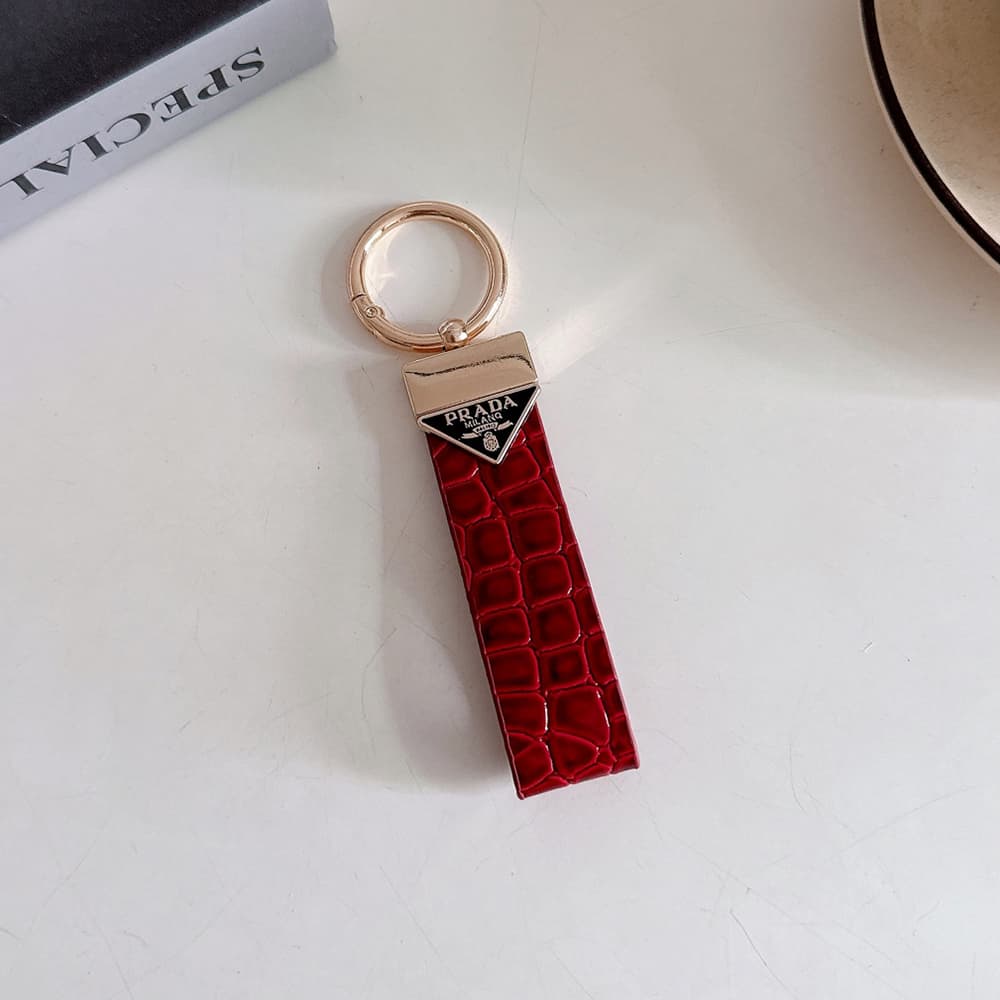 Prada Crocodile Embossing Leather Luxury Keychain - Signature Triangle Logo with Gold-Tone Hardware
