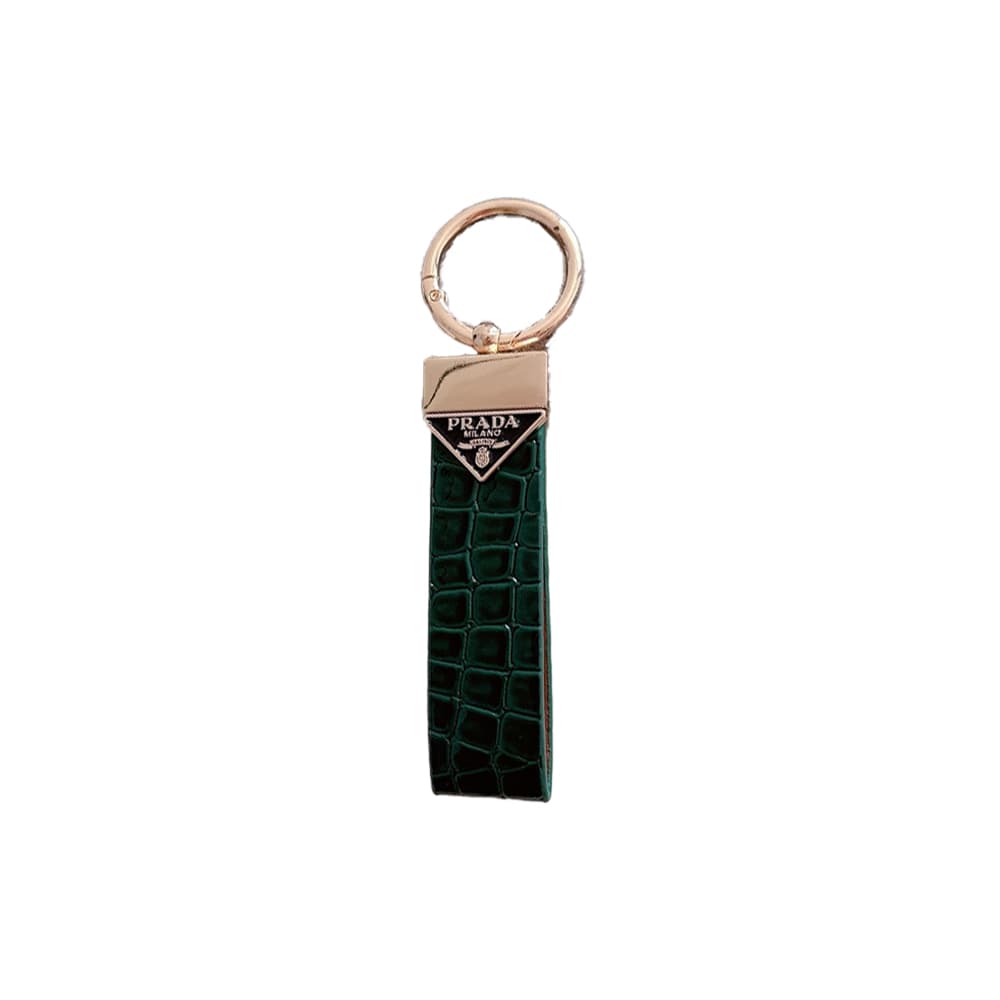 Prada Crocodile Embossing Leather Luxury Keychain - Signature Triangle Logo with Gold-Tone Hardware
