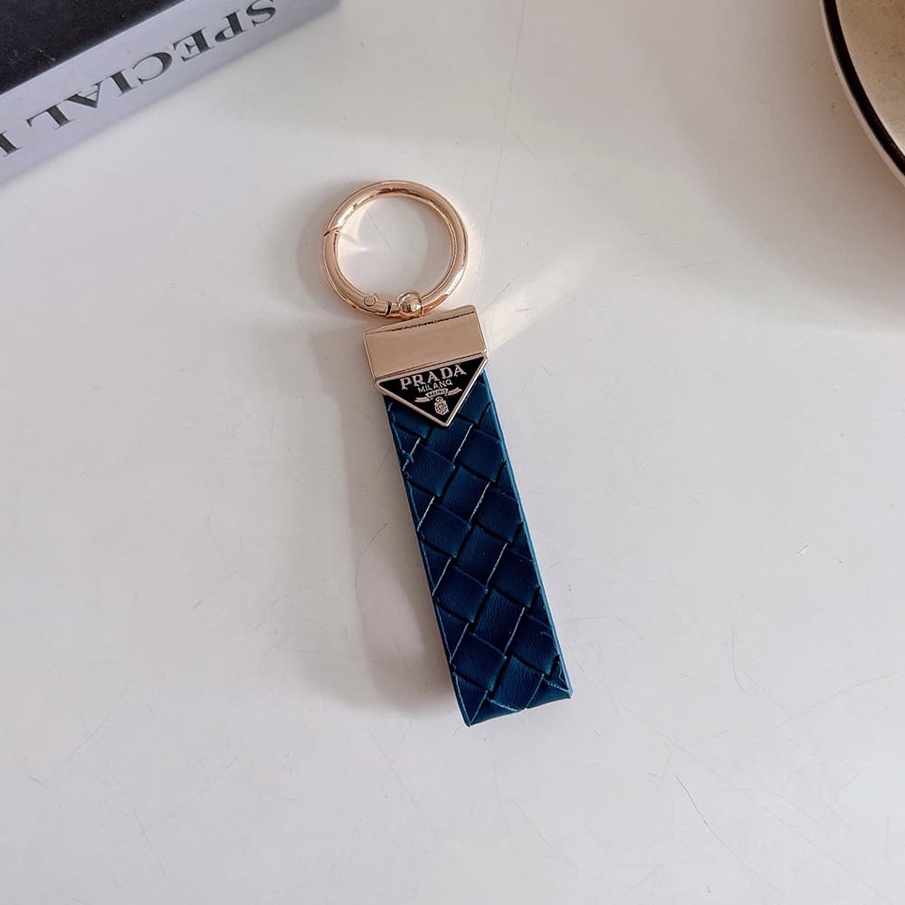 Prada Woven Leather Luxury Keychain - Signature Triangle Logo with Gold-Tone Hardware