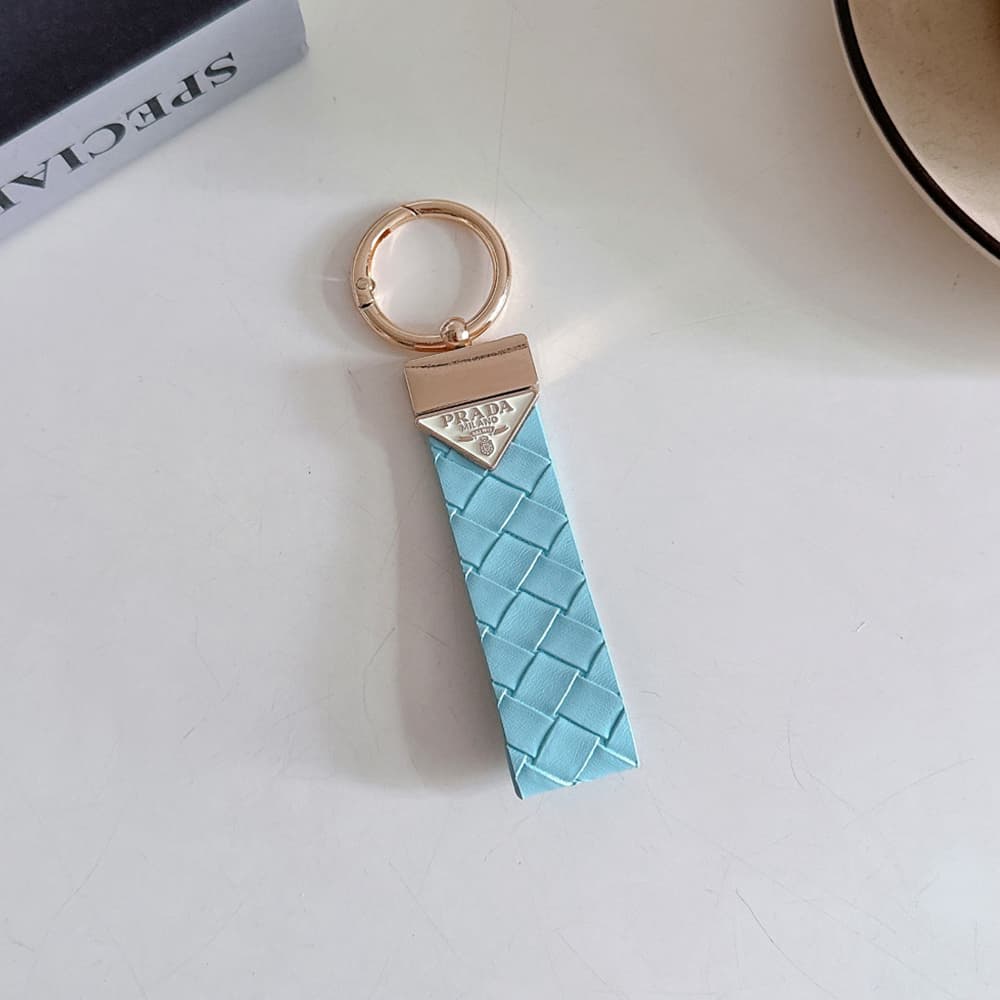 Prada Woven Leather Luxury Keychain - Signature Triangle Logo with Gold-Tone Hardware