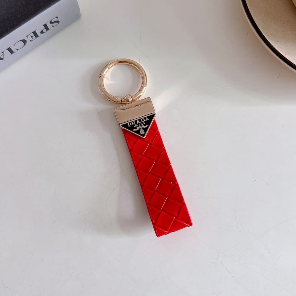 Prada Woven Leather Luxury Keychain - Signature Triangle Logo with Gold-Tone Hardware