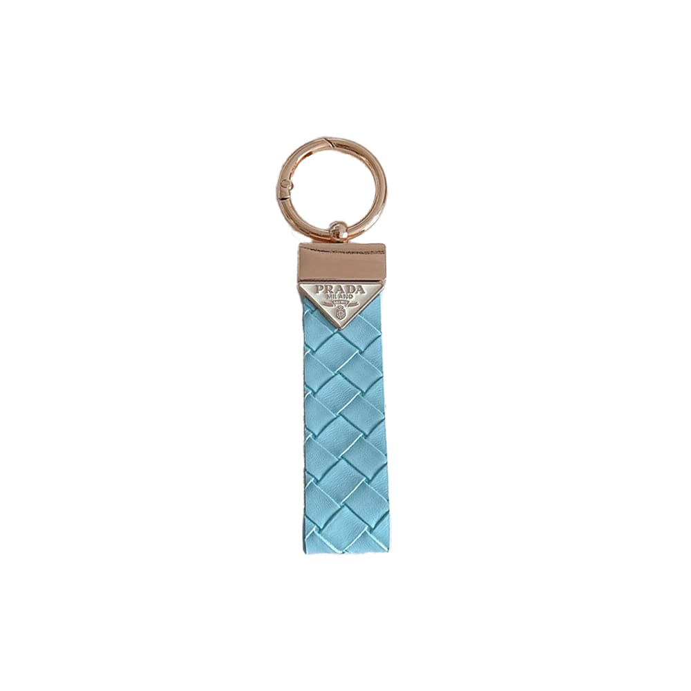 Prada Woven Leather Luxury Keychain - Signature Triangle Logo with Gold-Tone Hardware