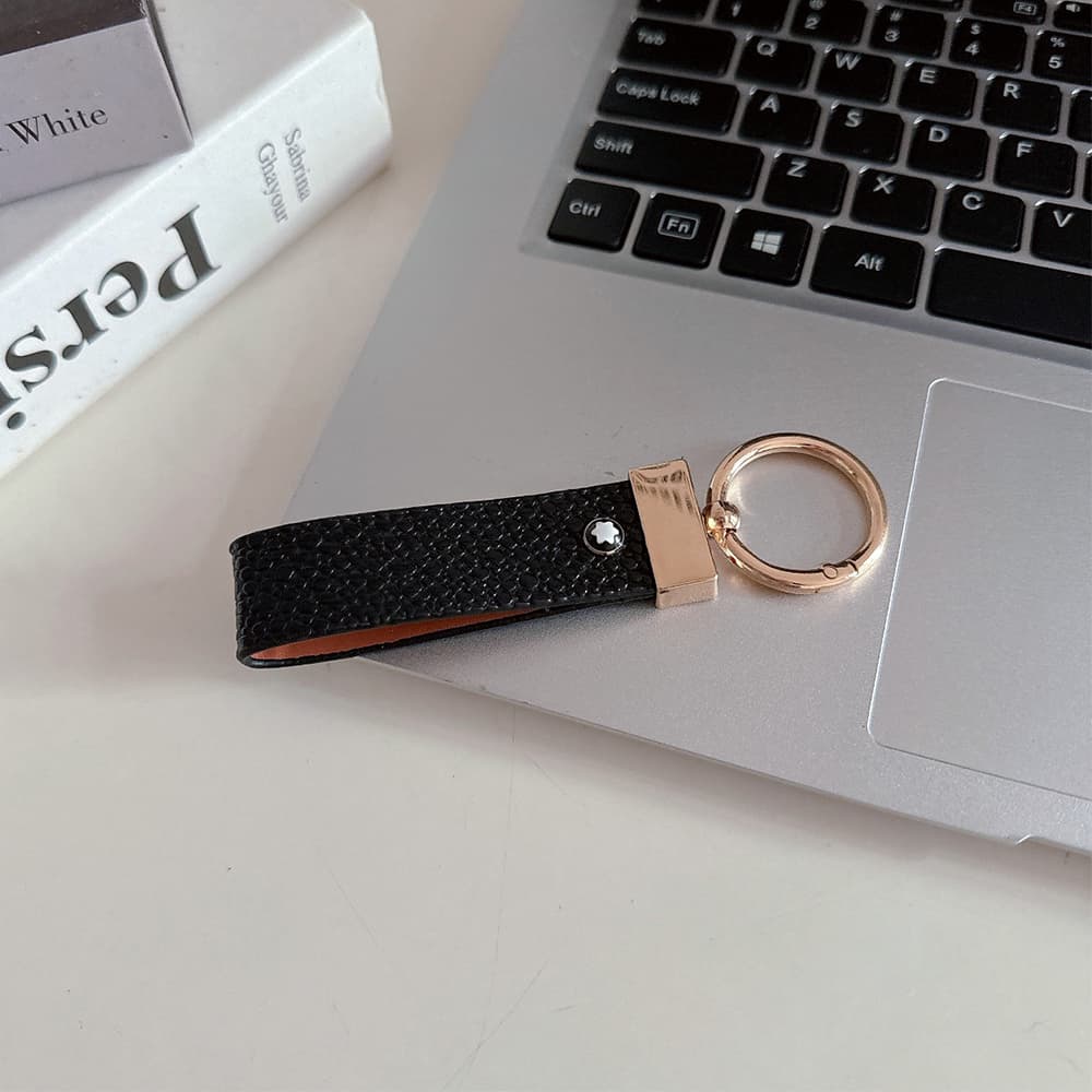 Montblanc Pebbled Leather Luxury Keychain - Hexagon Logo with Gold-Tone Hardware