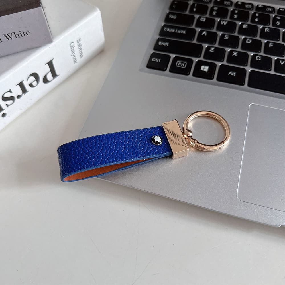 Montblanc Pebbled Leather Luxury Keychain - Hexagon Logo with Gold-Tone Hardware