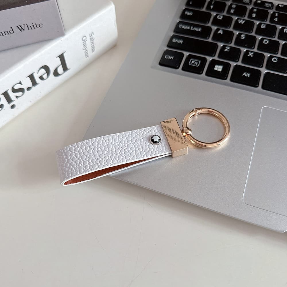 Montblanc Pebbled Leather Luxury Keychain - Hexagon Logo with Gold-Tone Hardware