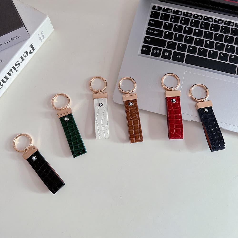 Montblanc Crocodile Embossing Leather Luxury Keychain - Hexagon Logo with Gold-Tone Hardware