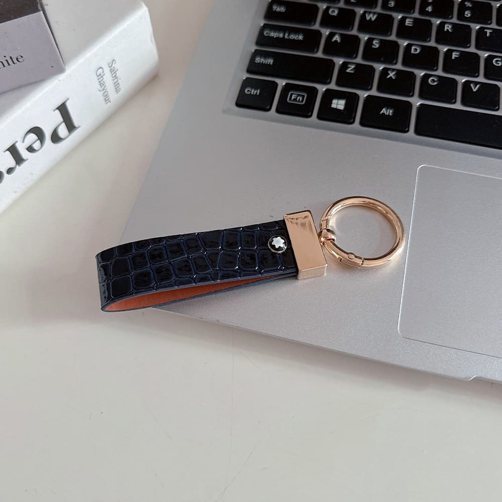 Montblanc Crocodile Embossing Leather Luxury Keychain - Hexagon Logo with Gold-Tone Hardware