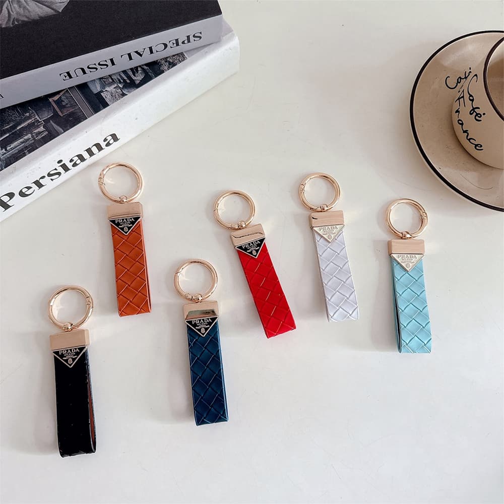 Prada Woven Leather & Triangle Logo Keychain