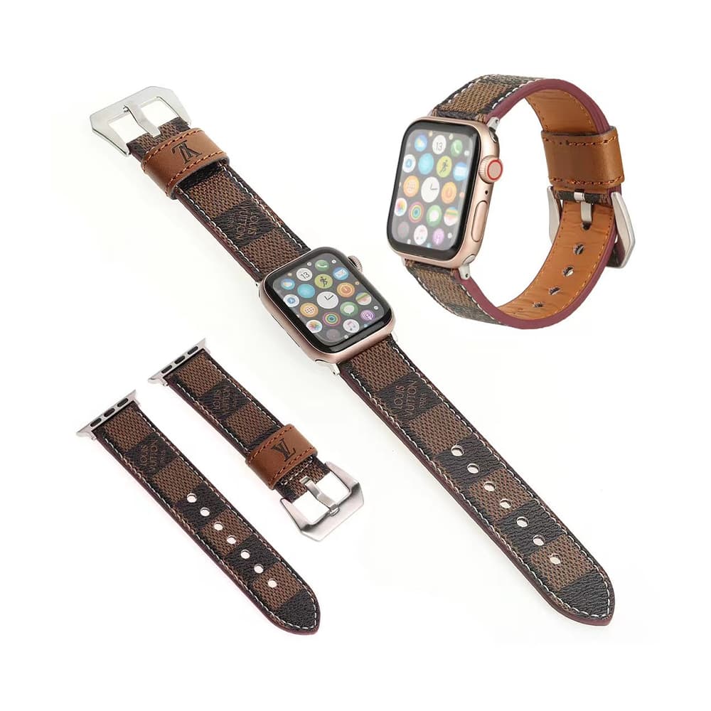 LV Luxury Apple Watch Band - Signature Monogram & Damier Leather Strap with Metal Hardware LV Luxury Apple Watch Band - Signature Monogram & Damier Leather Strap with Metal Hardware