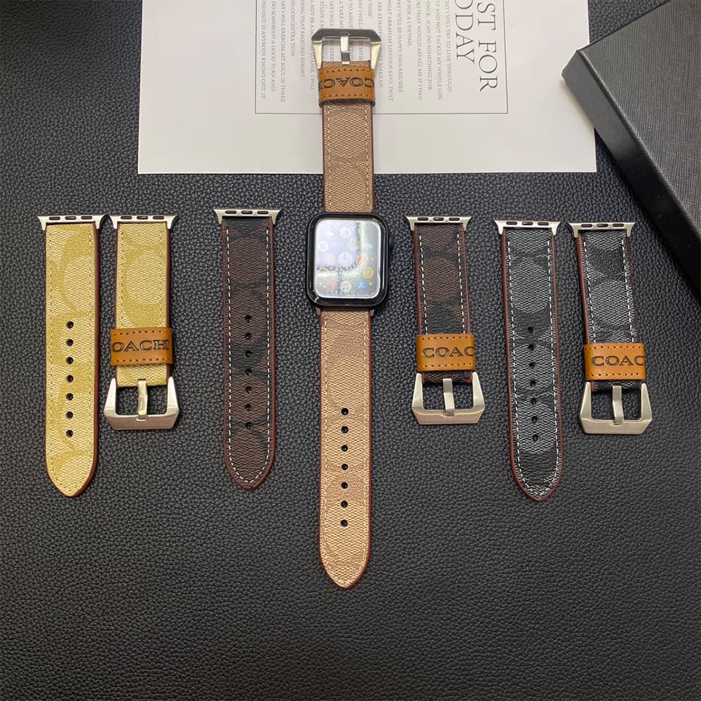 COACH Signature Luxury Apple Watch Band - Classic Monogram Leather Strap with Metal Hardware (Universal Fit All Models)