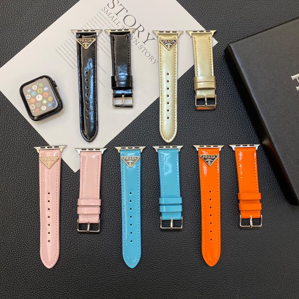 Prada Luxury Watch Band - Shiny Leather Strap with Triangle Logo (Fit Apple Watch & Galaxy Watch)