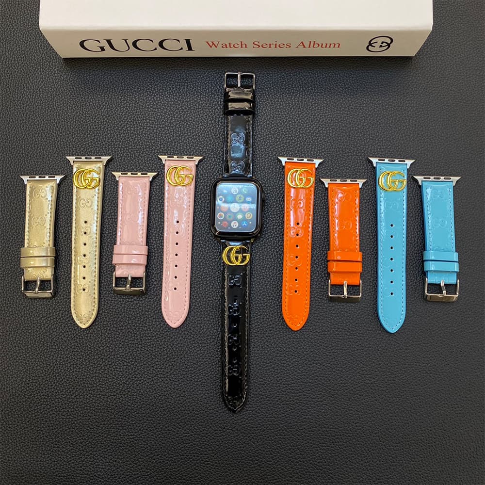 GUCCI Luxury Watch Band - Glossy Leather Strap with GG Logo (Fits Apple Watch & Galaxy Watch)