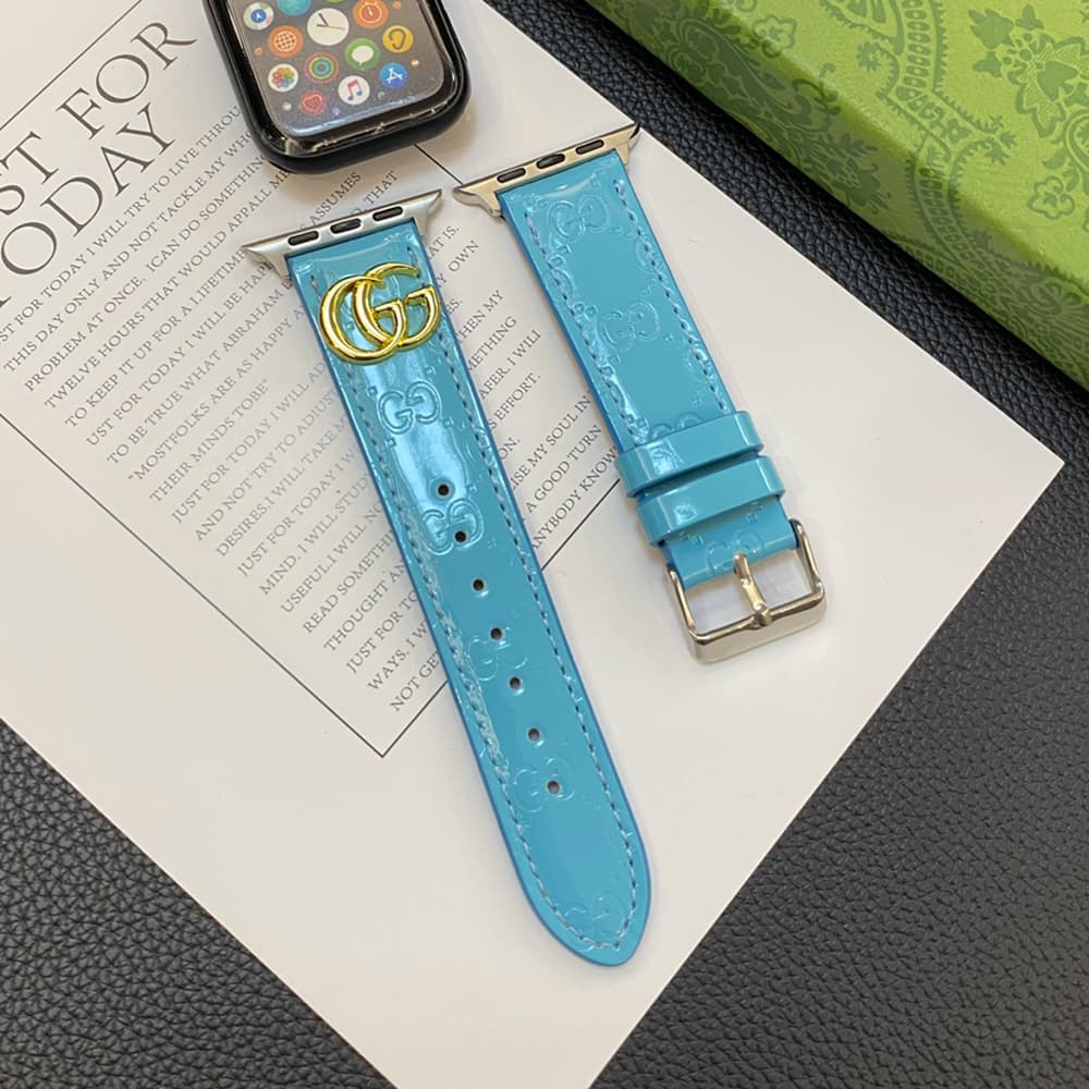 GUCCI Luxury Watch Band - Glossy Leather Strap with GG Logo (Fits Apple Watch & Galaxy Watch)
