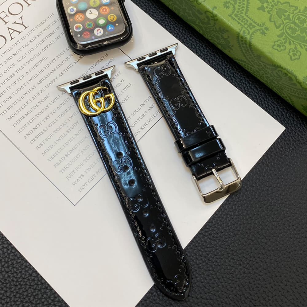 GUCCI Luxury Watch Band - Glossy Leather Strap with GG Logo (Fits Apple Watch & Galaxy Watch)