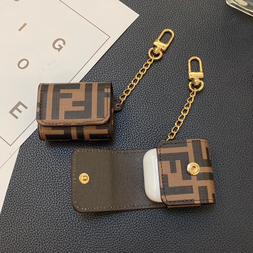 Fendi FF Monogram AirPods Case - Luxury Leather Cover with Gold Chain (2 Universal Fits) Fendi FF Monogram AirPods Case - Luxury Leather Cover with Gold Chain (2 Universal Fits)