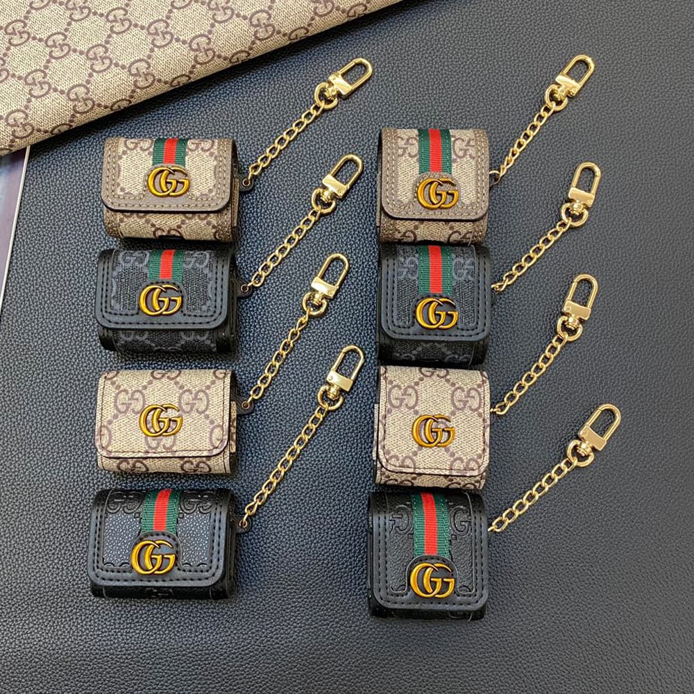 Gucci GG Supreme AirPods Case - Monogram Luxury Cover with Metal Logo & Chain (2 Universal Fits)