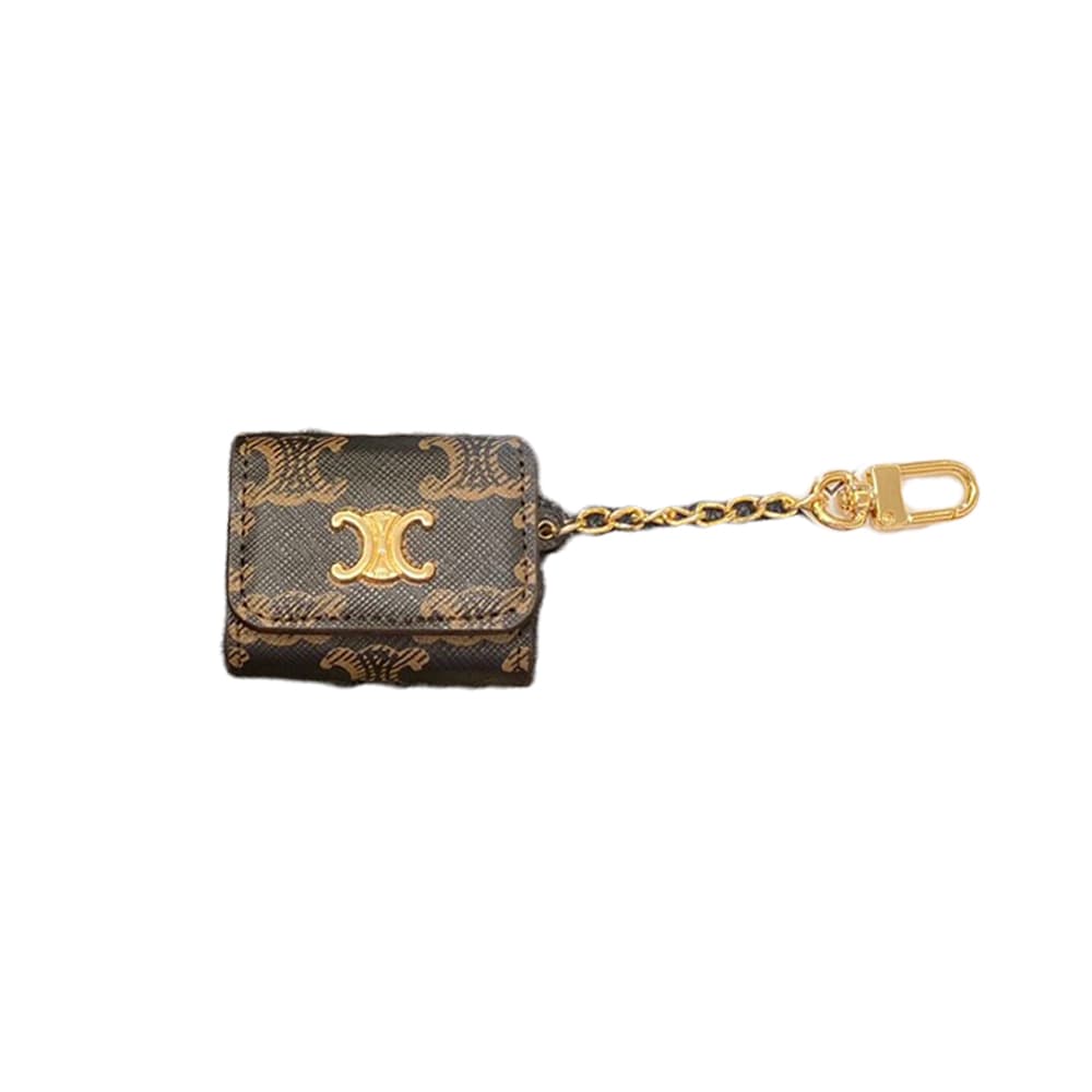 Celine Triomphe AirPods Case - Luxury Leather Cover with Metal Logo & Chain (2 Universal Fits)