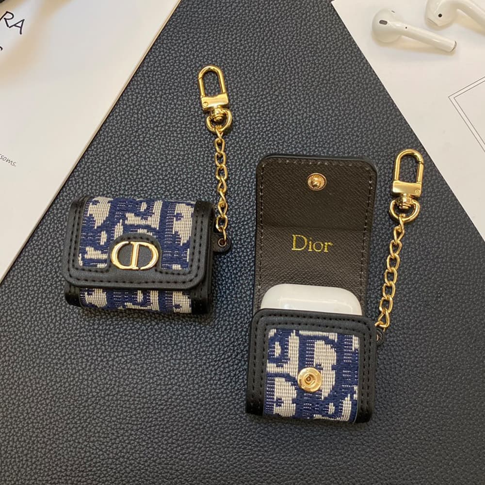 Dior Oblique AirPods Case - CD Logo Luxury Cover with Gold Chain (2 Universal Fits) Dior Oblique AirPods Case - CD Logo Luxury Cover with Gold Chain (2 Universal Fits)