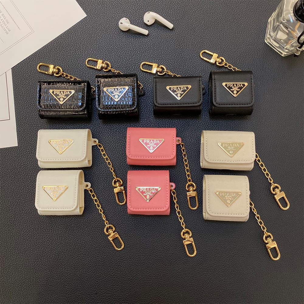 Prada AirPods Case - Triangle Logo Luxury Cover with Gold Chain (2 Universal Fits)