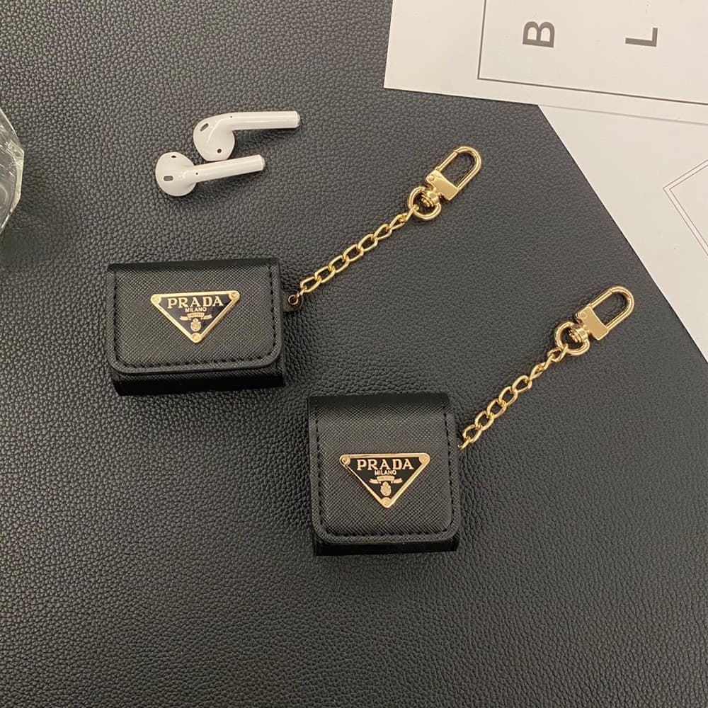 Prada AirPods Case - Triangle Logo Luxury Cover with Gold Chain (2 Universal Fits) Prada AirPods Case - Triangle Logo Luxury Cover with Gold Chain (2 Universal Fits)