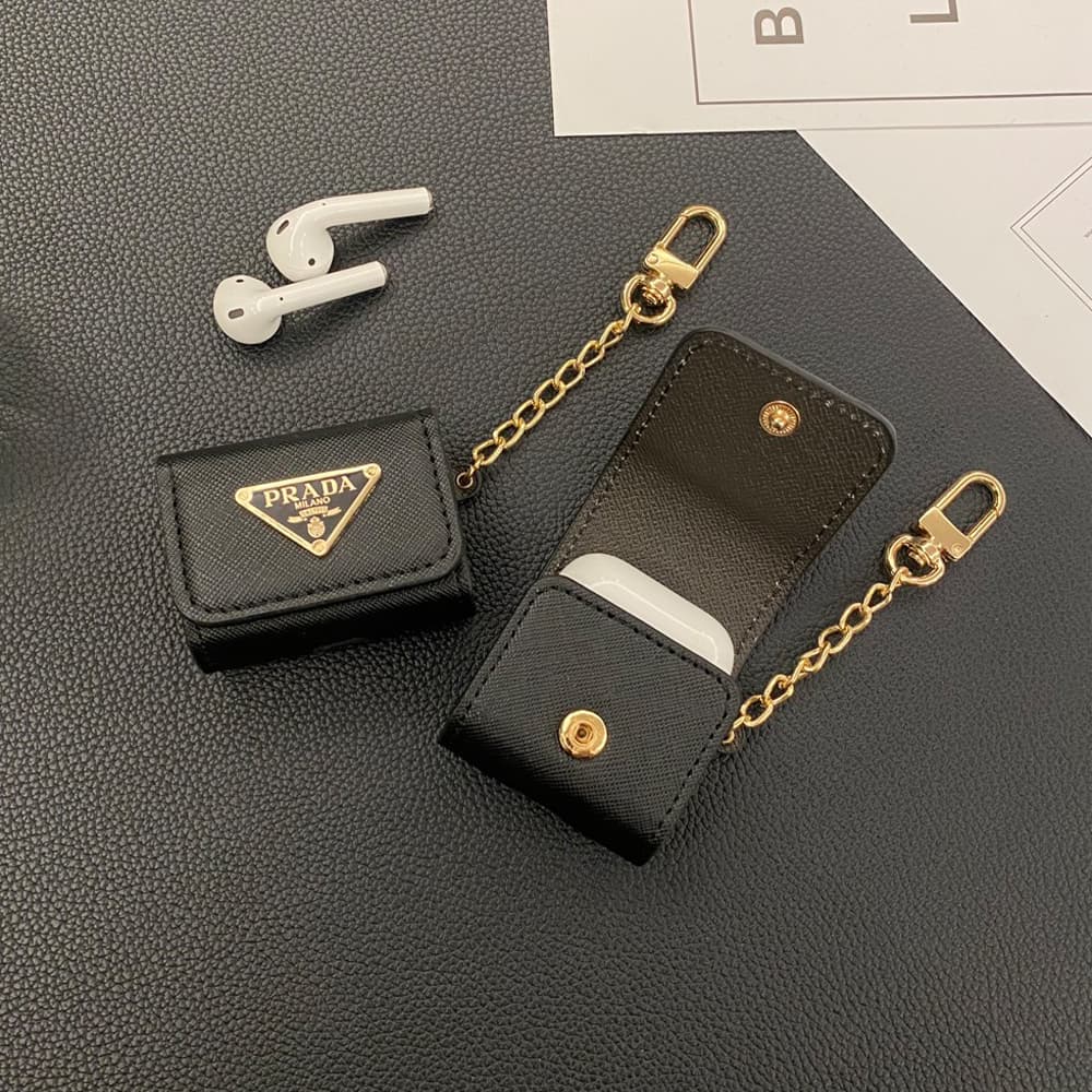 Prada AirPods Case - Triangle Logo Luxury Cover with Gold Chain (2 Universal Fits) Prada AirPods Case - Triangle Logo Luxury Cover with Gold Chain (2 Universal Fits)