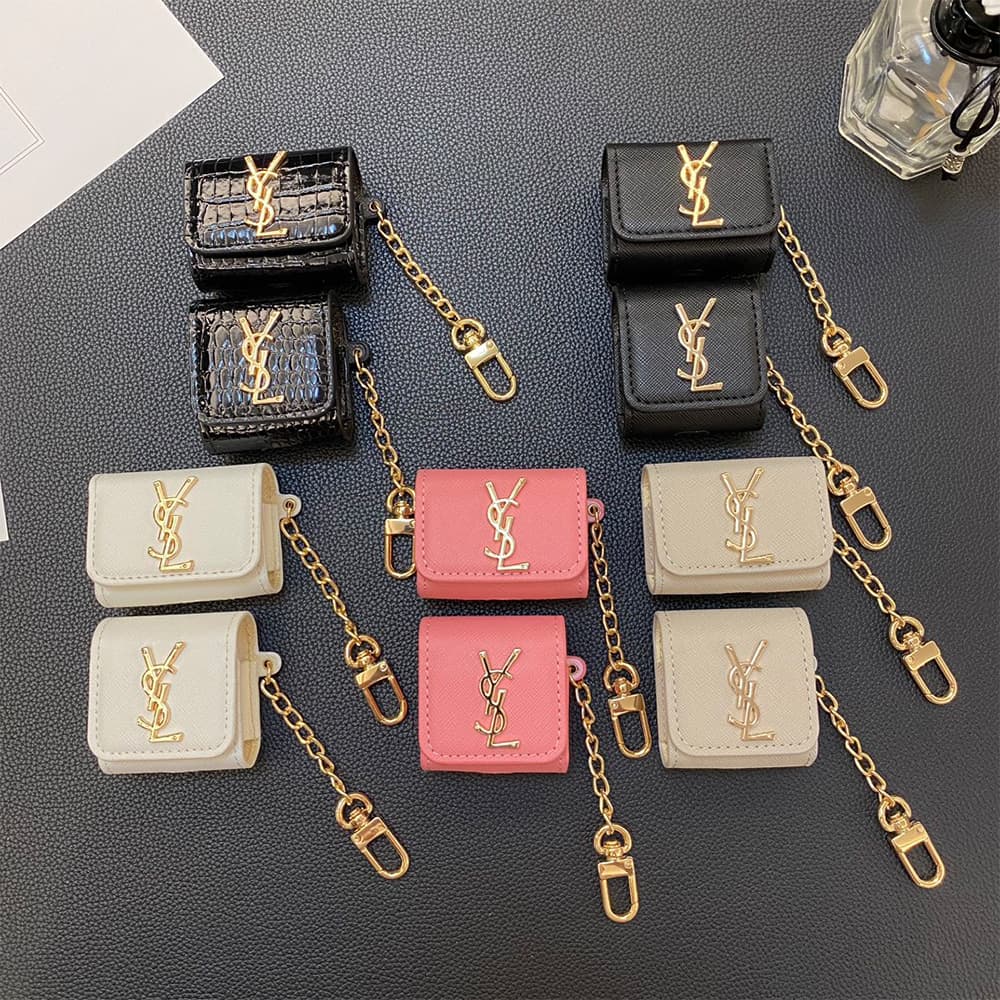 YSL Monogram AirPods Case - Metal Logo Luxury Cover with Gold Chain (2 Universal Fits)
