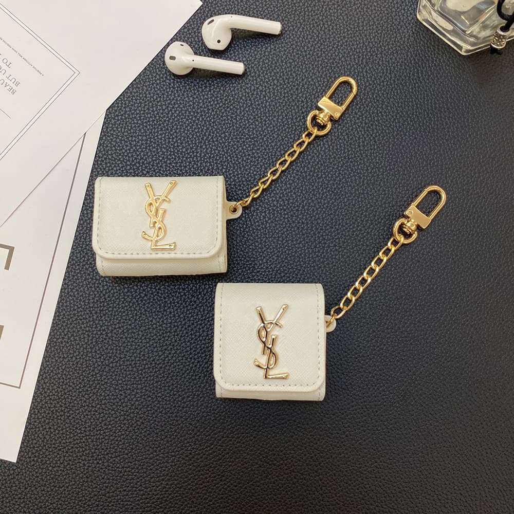 YSL Monogram AirPods Case - Metal Logo Luxury Cover with Gold Chain (2 Universal Fits) YSL Monogram AirPods Case - Metal Logo Luxury Cover with Gold Chain (2 Universal Fits)