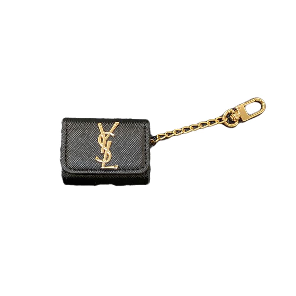 YSL Monogram AirPods Case - Metal Logo Luxury Cover with Gold Chain (2 Universal Fits)