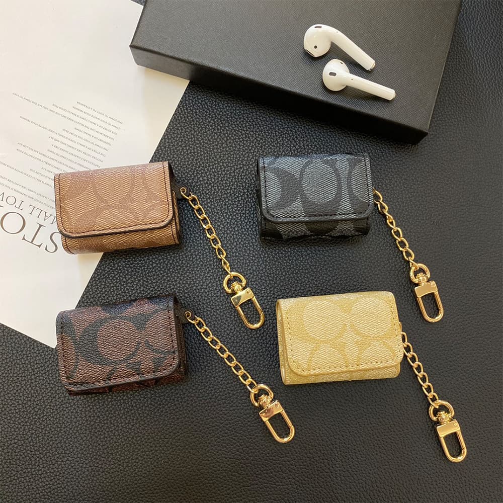 Coach Signature AirPods Case - Monogram Luxury Cover with Gold Chain (Universal Fit)