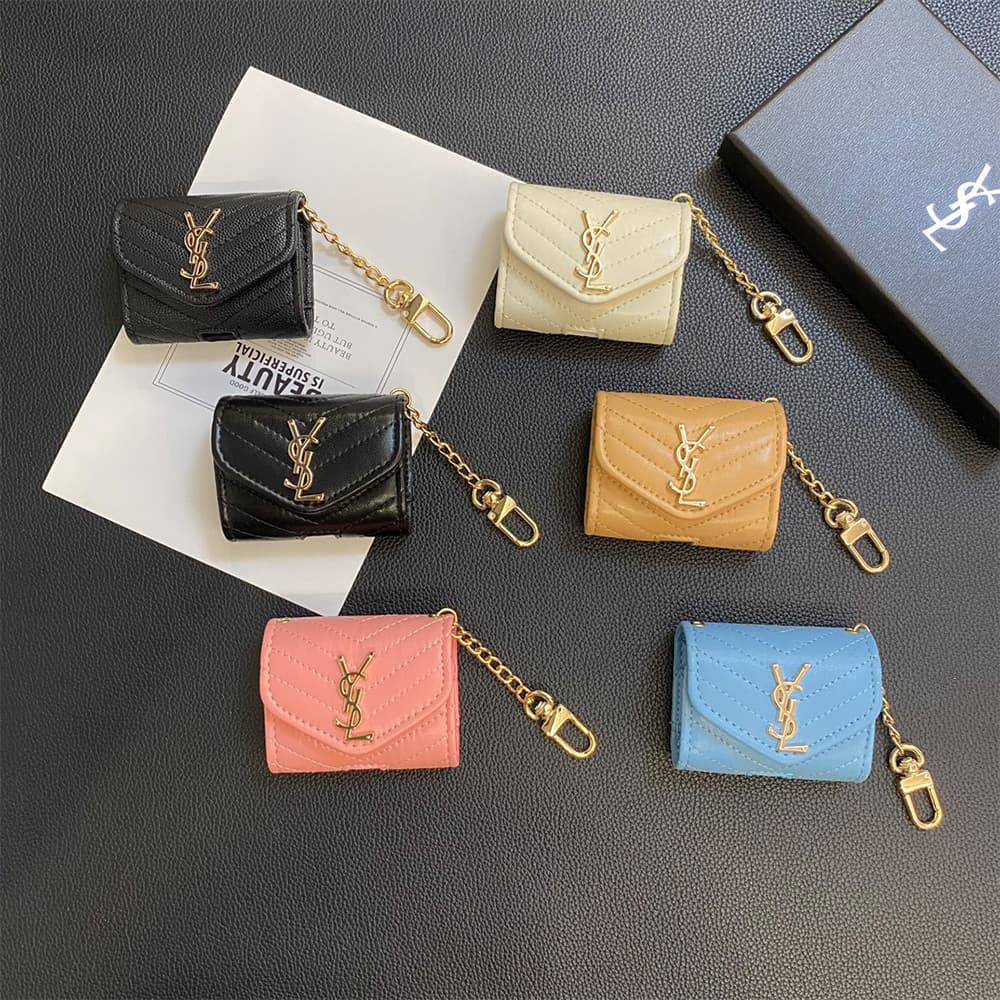 YSL Monogram Luxury AirPods & Samsung Buds Case - Quilted Leather with Gold Chain