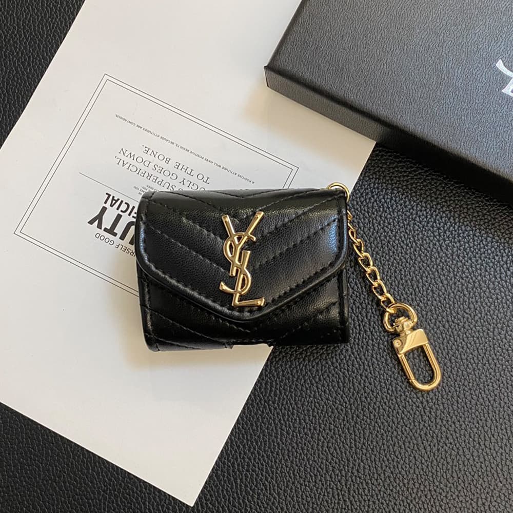 YSL Monogram Luxury AirPods & Samsung Buds Case - Quilted Leather with Gold Chain YSL Monogram Luxury AirPods & Samsung Buds Case - Quilted Leather with Gold Chain