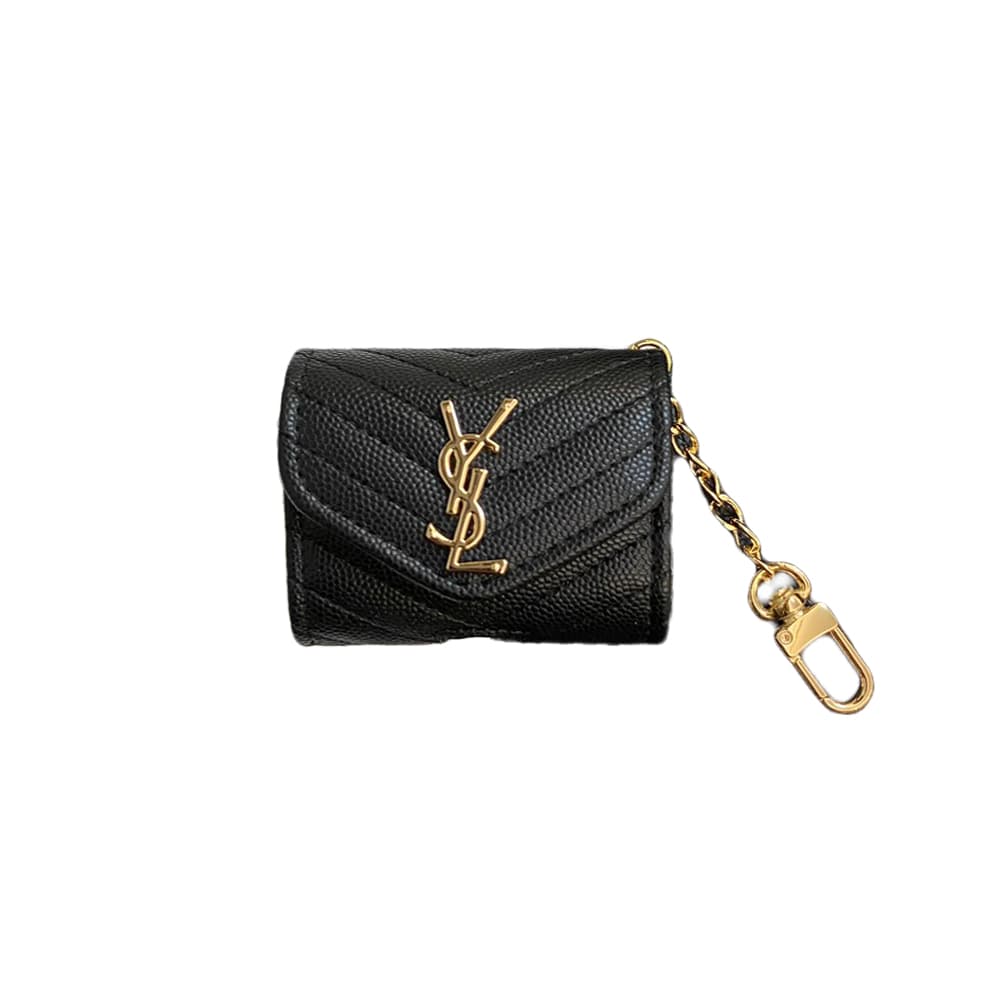 YSL Monogram Luxury AirPods & Samsung Buds Case - Quilted Leather with Gold Chain