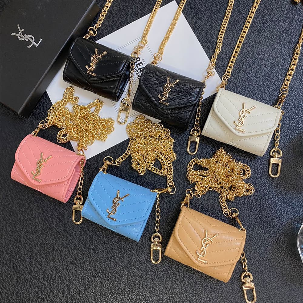 YSL Monogram Luxury AirPods & Samsung Buds Case - Quilted Leather with Gold Chain YSL Monogram Luxury AirPods & Samsung Buds Case - Quilted Leather with Gold Chain